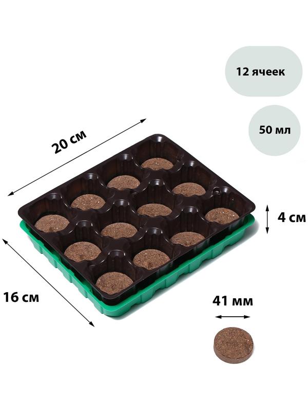 Набор для рассады: торфяная таблетка d = 4.1 см (12 шт.), кассета на 12 ячеек по 50 мл, поддон, зелёный