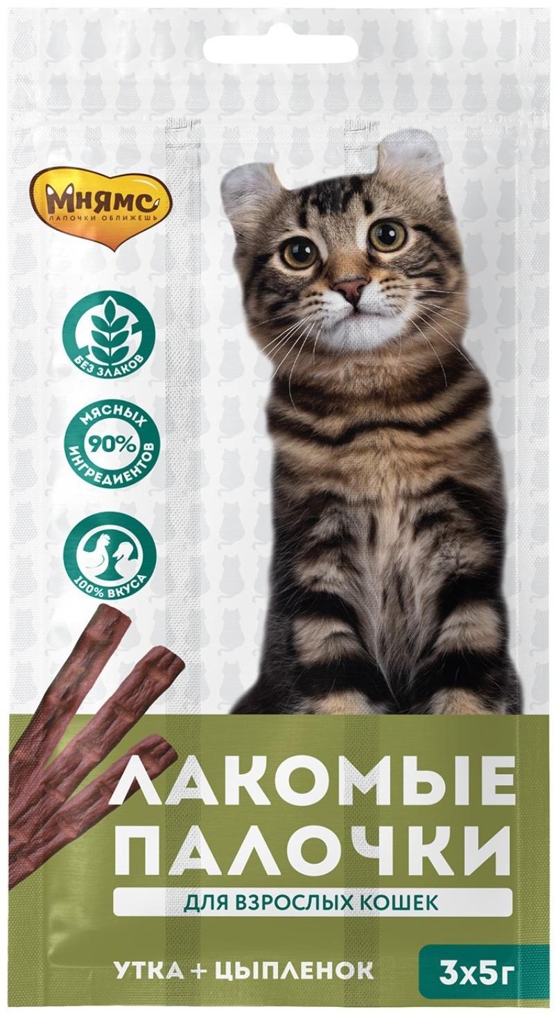 Лакомые палочки Мнямс для кошек, с цыпленком и уткой, 3 х 5 г