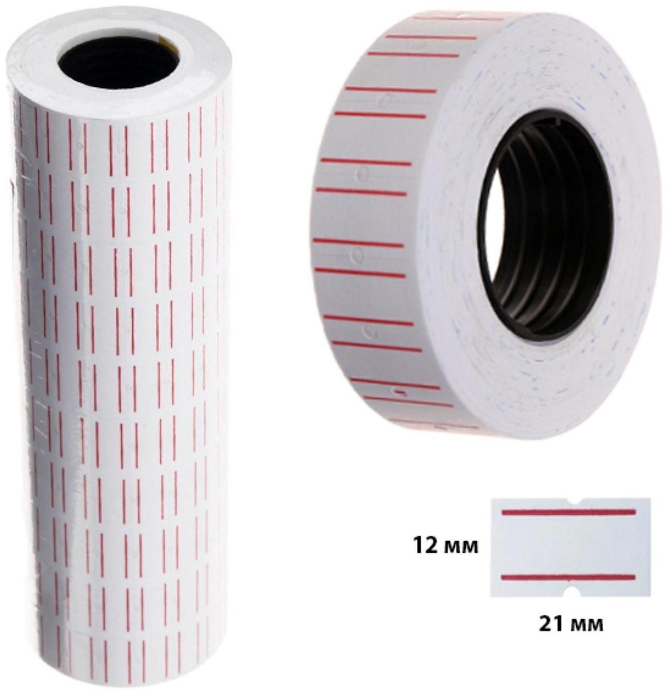 Набор из 10 штук, этикет-лента 21х12мм, прямоугольная, белая с красной полосой, 1000 этикеток