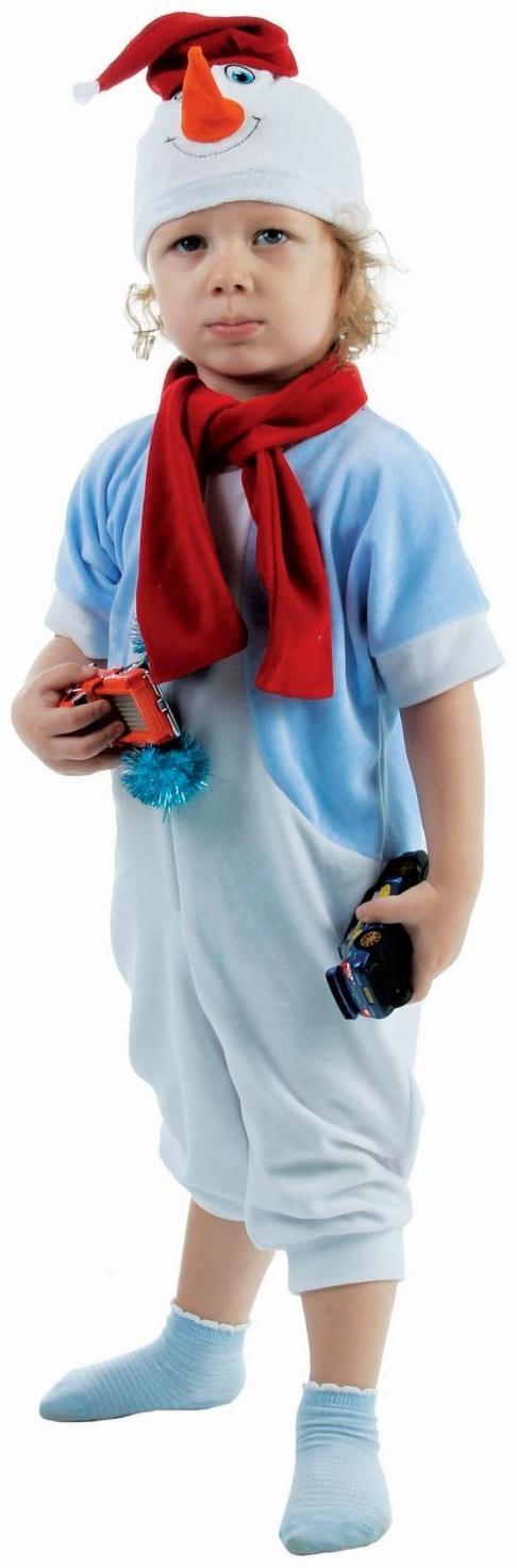 Детский карнавальный костюм «Снеговик в голубом жилете», велюр: комбинезон, шарф, шапка, рост 68–92 см