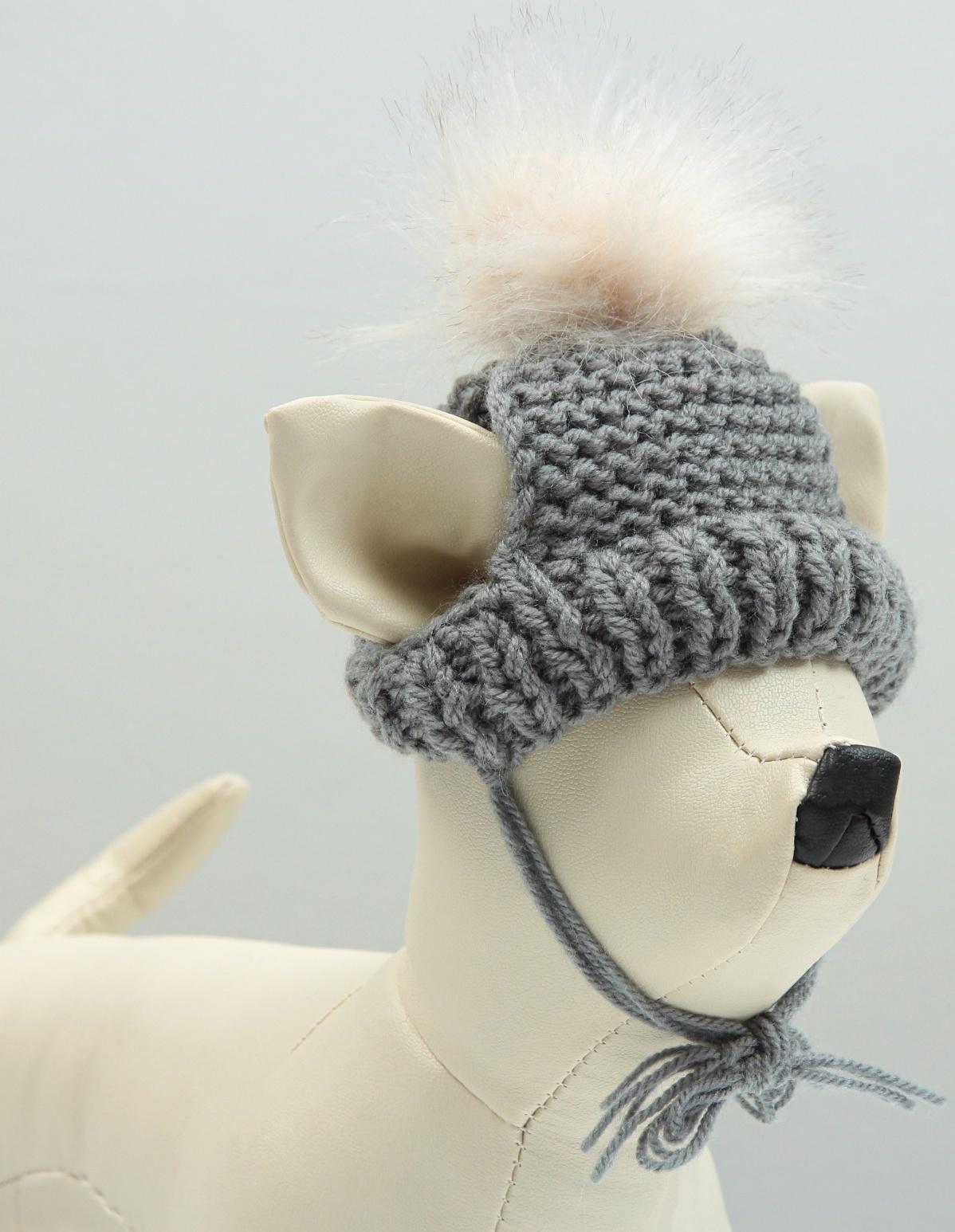 Шапка вязаная для собак, с помпоном, XS-S (объем головы 22 см, высота 7,5 см), микс