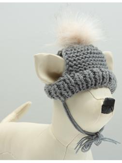 Шапка вязаная для собак, с помпоном, XS-S (объем головы 22 см, высота 7,5 см), микс