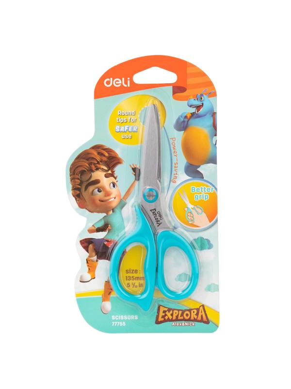 Ножницы детские Deli Explora E77755-BLUE 135мм, сталь, ассимм ручки,голубой