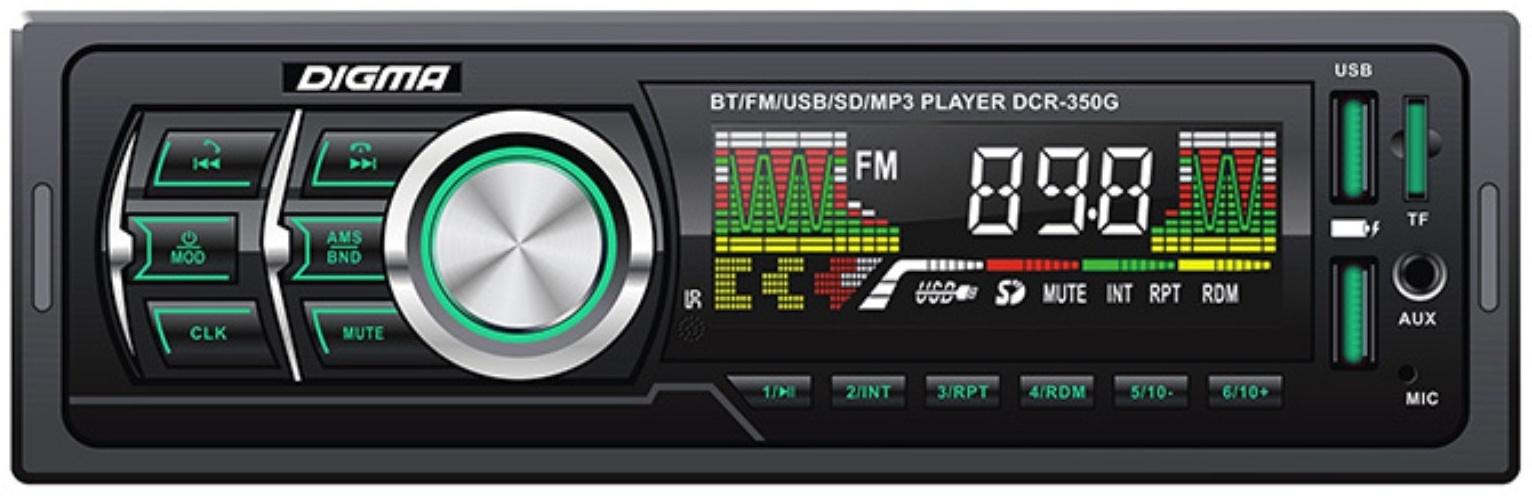 Автомагнитола Digma DCR-350G, 1DIN, 4 х 45 Вт, Bluetooth, USBx2, AUX, SD