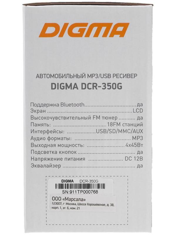 Автомагнитола Digma DCR-350G, 1DIN, 4 х 45 Вт, Bluetooth, USBx2, AUX, SD