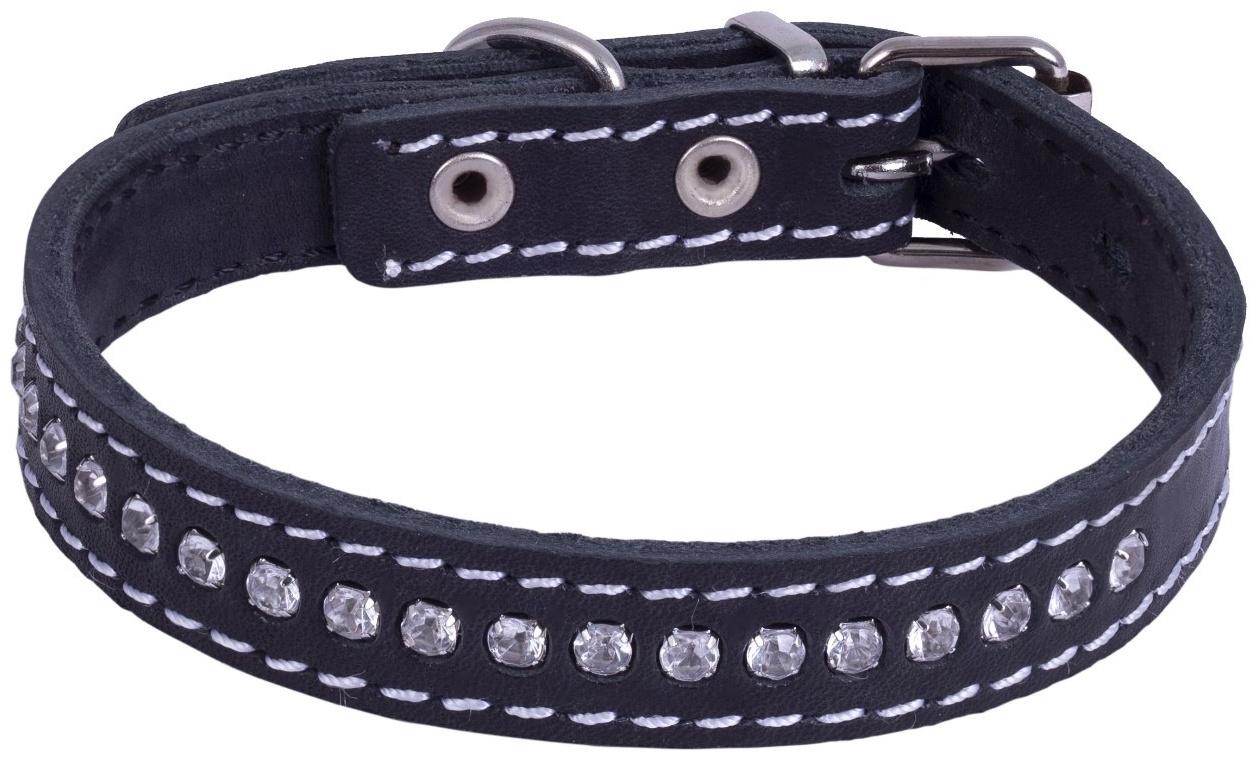 Ошейник кожаный двухслойный со стразами, ОШ 24-30 х 1,5 см, микс цветов