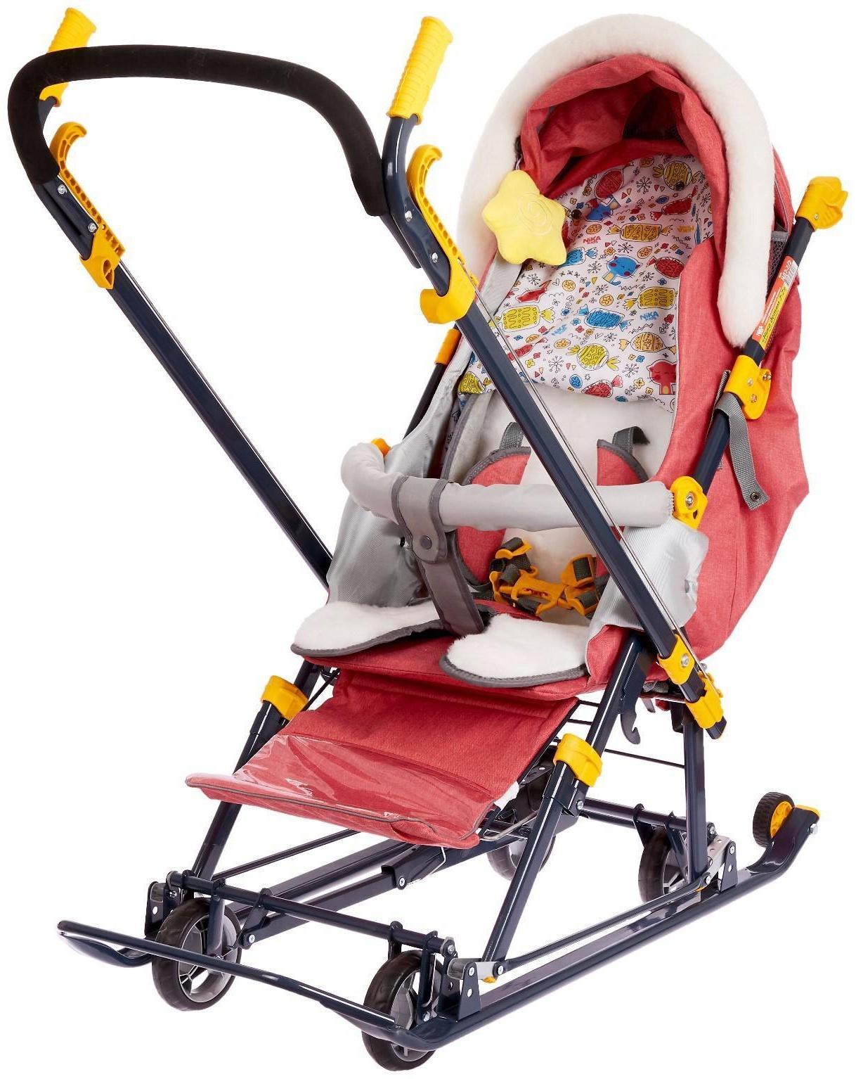 Санки коляска «Ника Детям НД 7-7», дизайн в джинсовом стиле красный, механизм качания