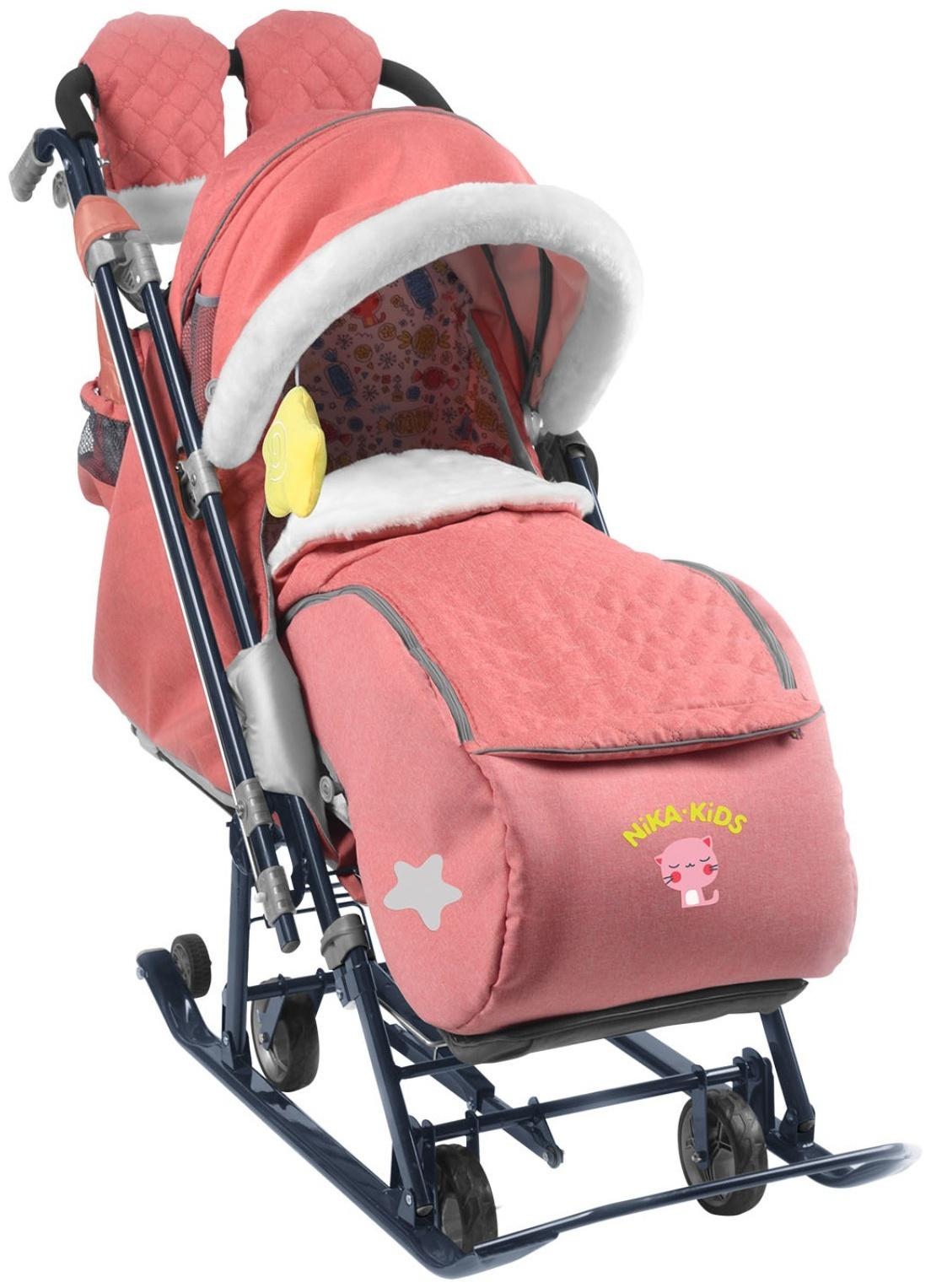 Санки коляска «Ника Детям НД 7-7», дизайн в джинсовом стиле красный, механизм качания