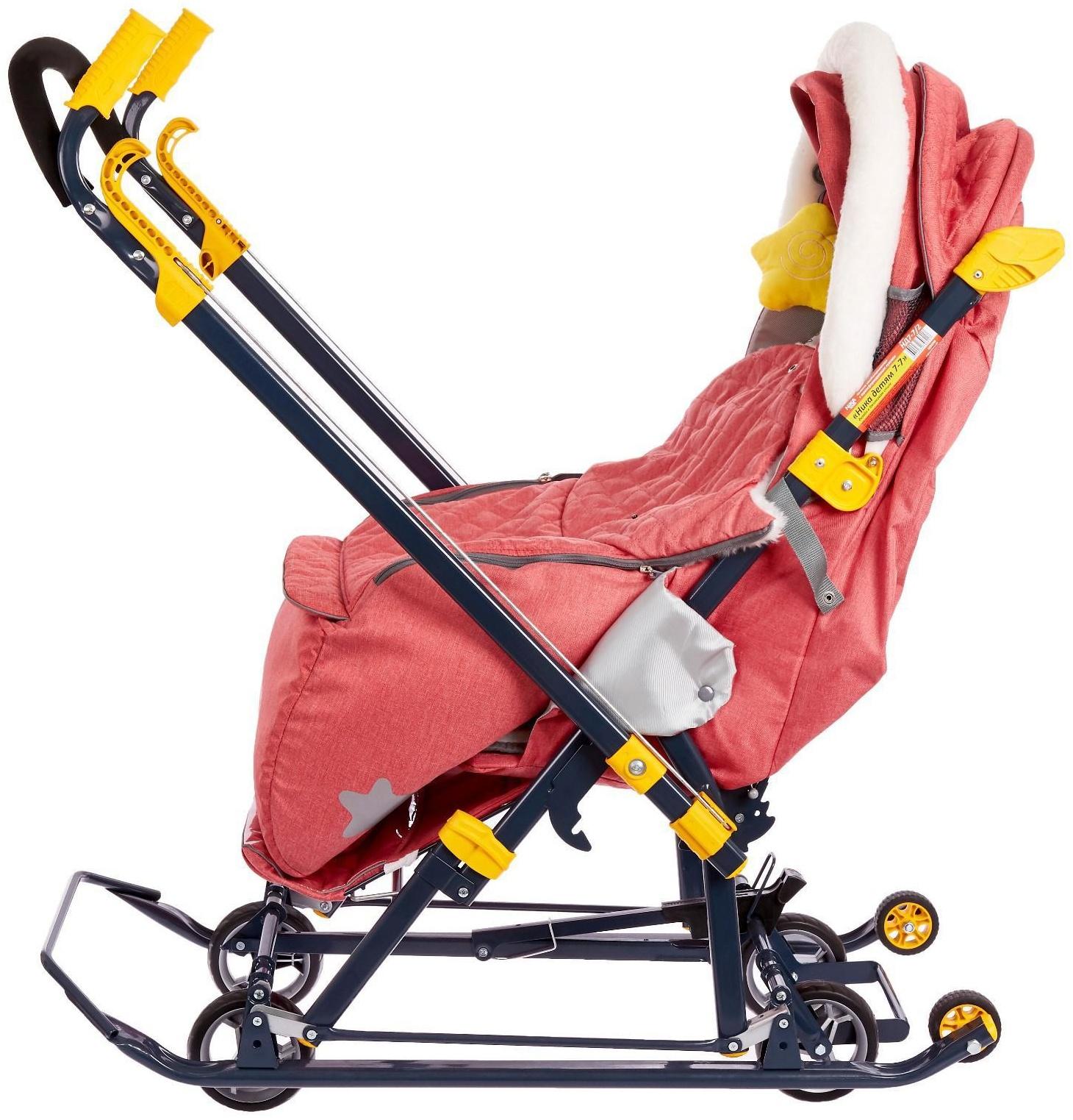 Санки коляска «Ника Детям НД 7-7», дизайн в джинсовом стиле красный, механизм качания