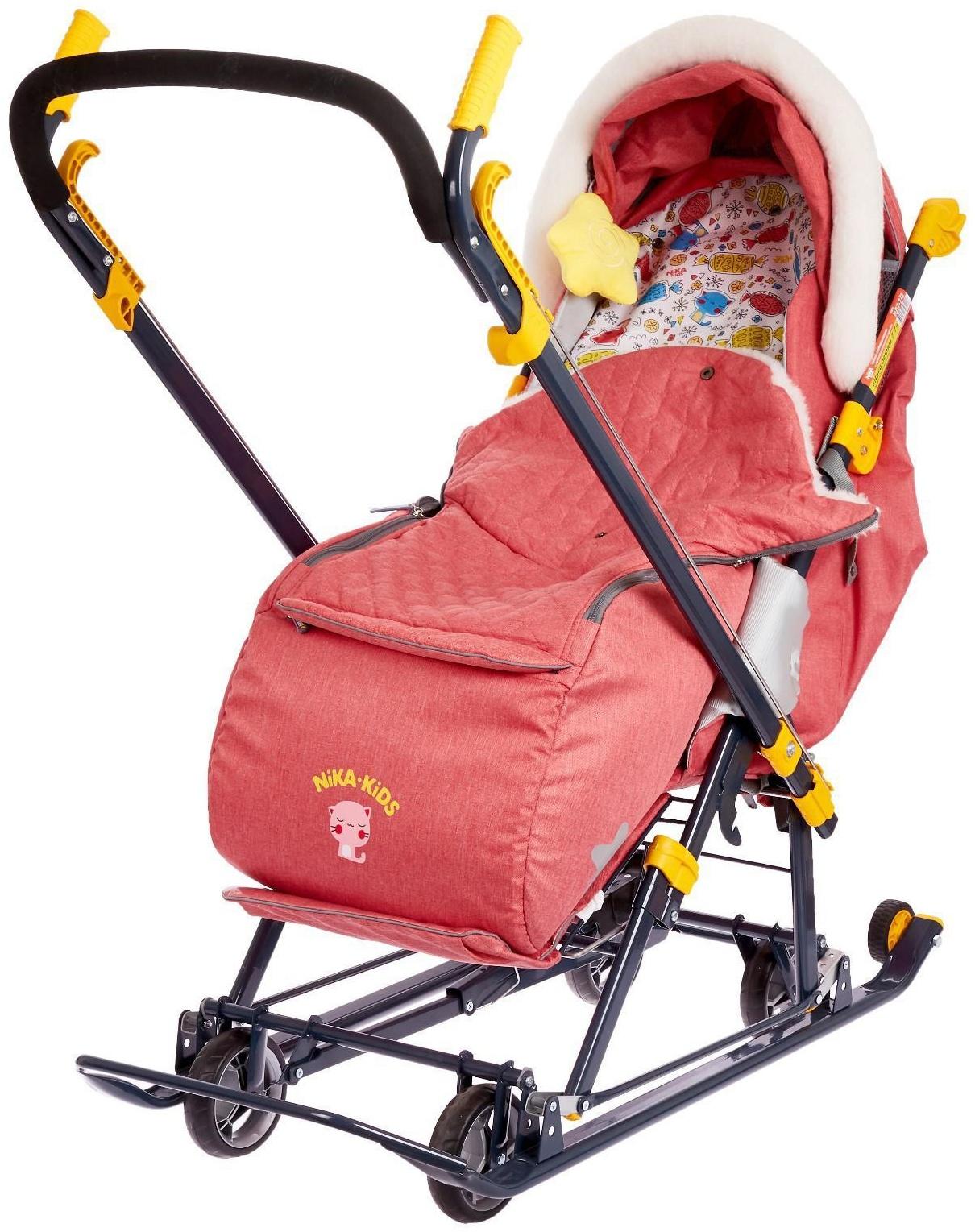 Санки коляска «Ника Детям НД 7-7», дизайн в джинсовом стиле красный, механизм качания