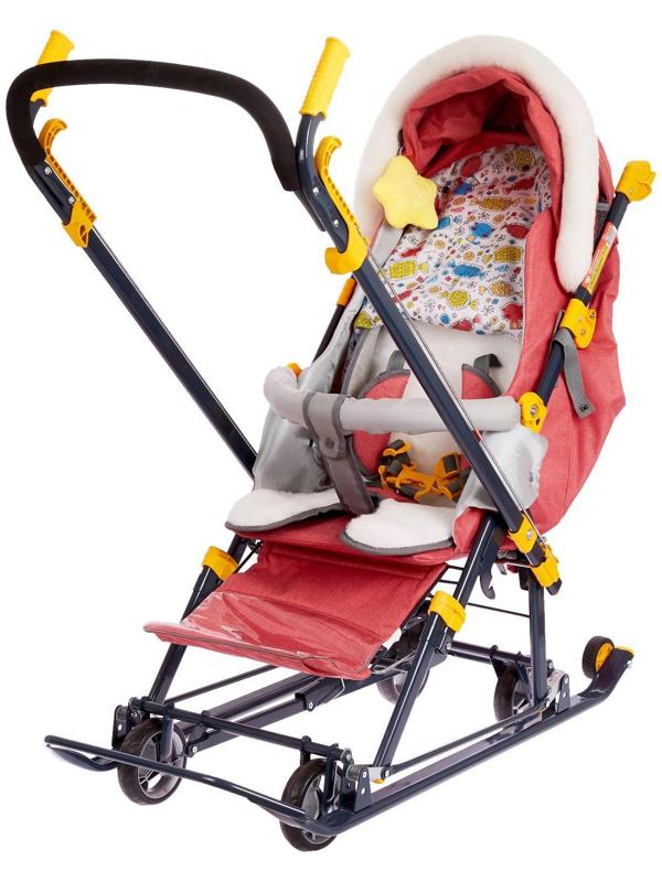 Санки коляска «Ника Детям НД 7-7», дизайн в джинсовом стиле красный, механизм качания