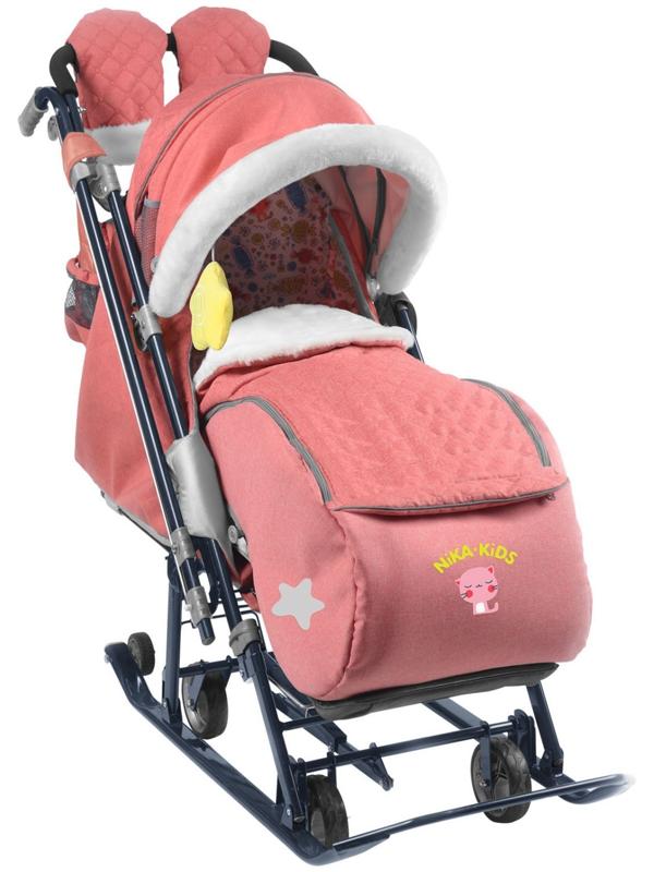 Санки коляска «Ника Детям НД 7-7», дизайн в джинсовом стиле красный, механизм качания