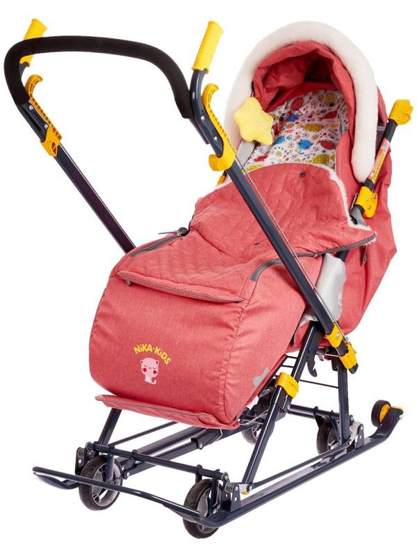 Санки коляска «Ника Детям НД 7-7», дизайн в джинсовом стиле красный, механизм качания