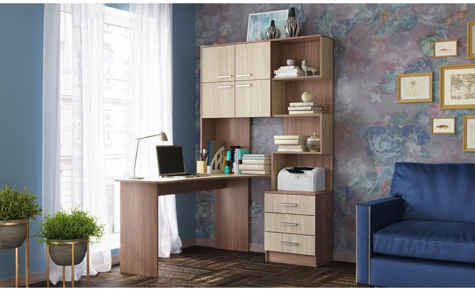 Стол компьютерный №1 Левый, 1280х2000х1450, Ясень шимо темный/Светлый