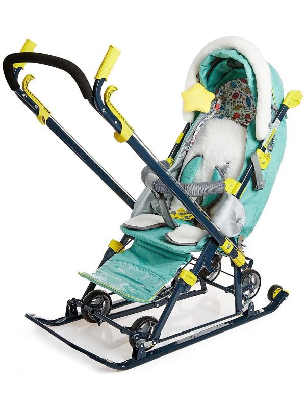 Санки-коляска «Ника Детям НД 7-7», дизайн в джинсовом стиле, цвет зелёный, с механизмом качания