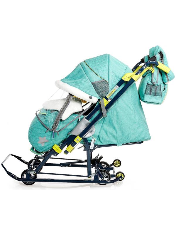 Санки-коляска «Ника Детям НД 7-7», дизайн в джинсовом стиле, цвет зелёный, с механизмом качания