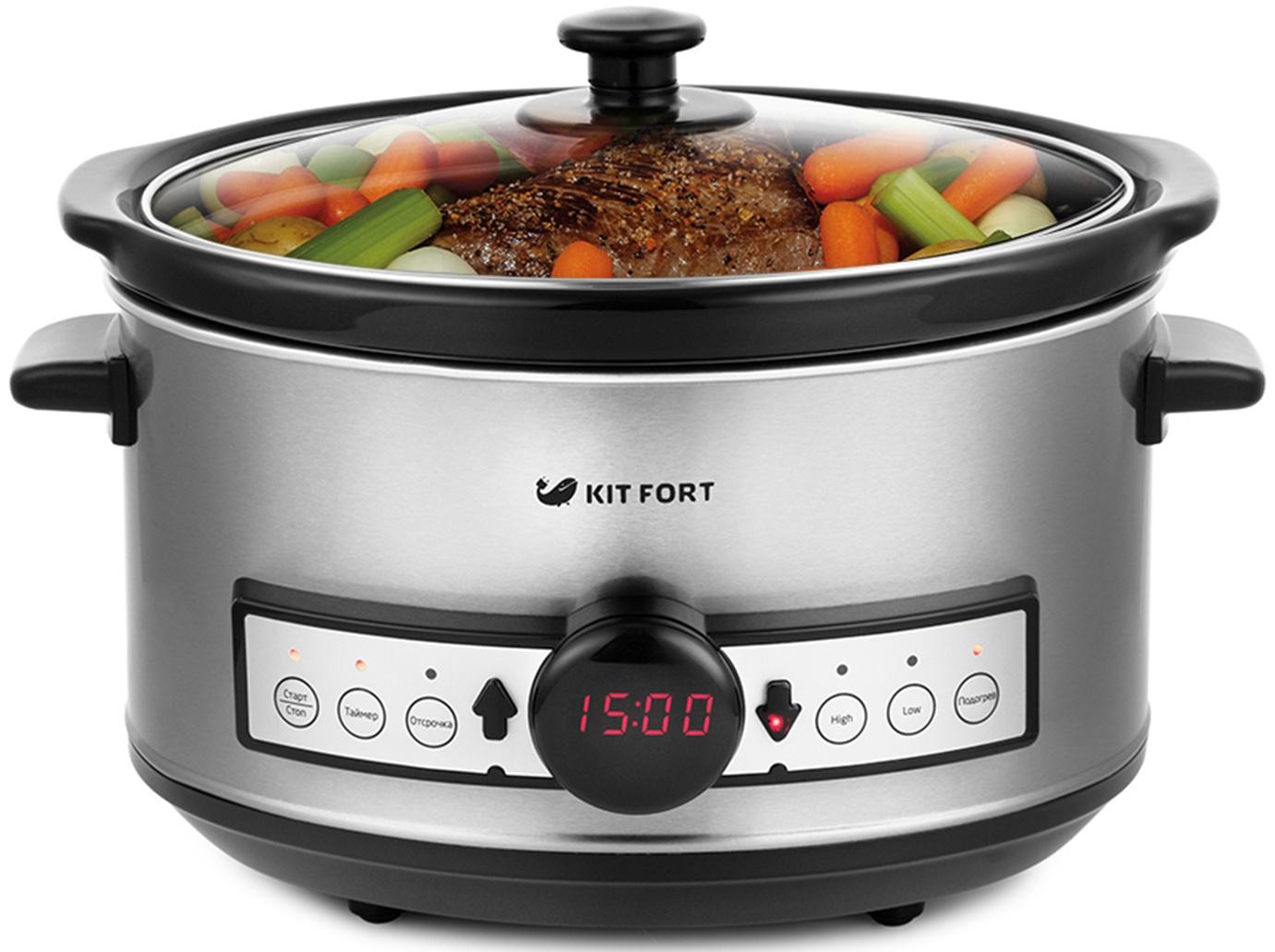 Медленноварка Kitfort KT-212, 200 Вт, 3.5 л, 3 режима, таймер, серебристая