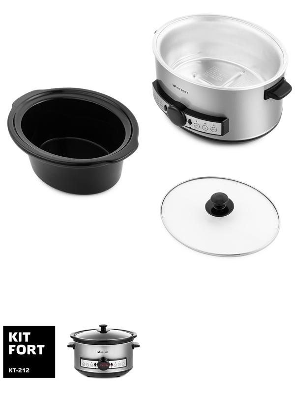 Медленноварка Kitfort KT-212, 200 Вт, 3.5 л, 3 режима, таймер, серебристая