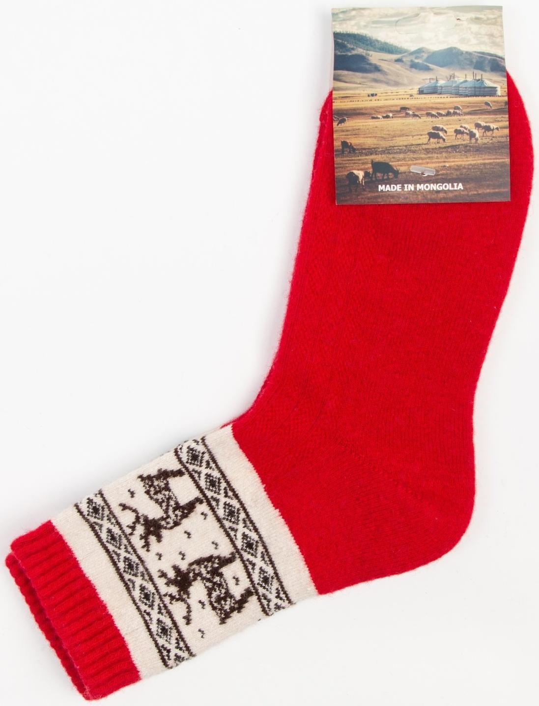 Носки женские из монгольской шерсти с оленями, цвет красный, размер 23 (34-36)