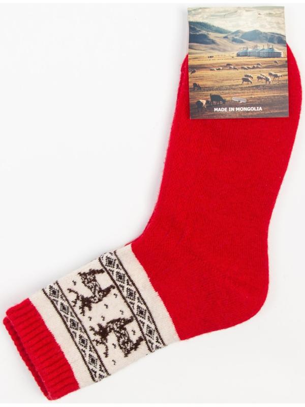 Носки женские из монгольской шерсти с оленями, цвет красный, размер 23 (34-36)