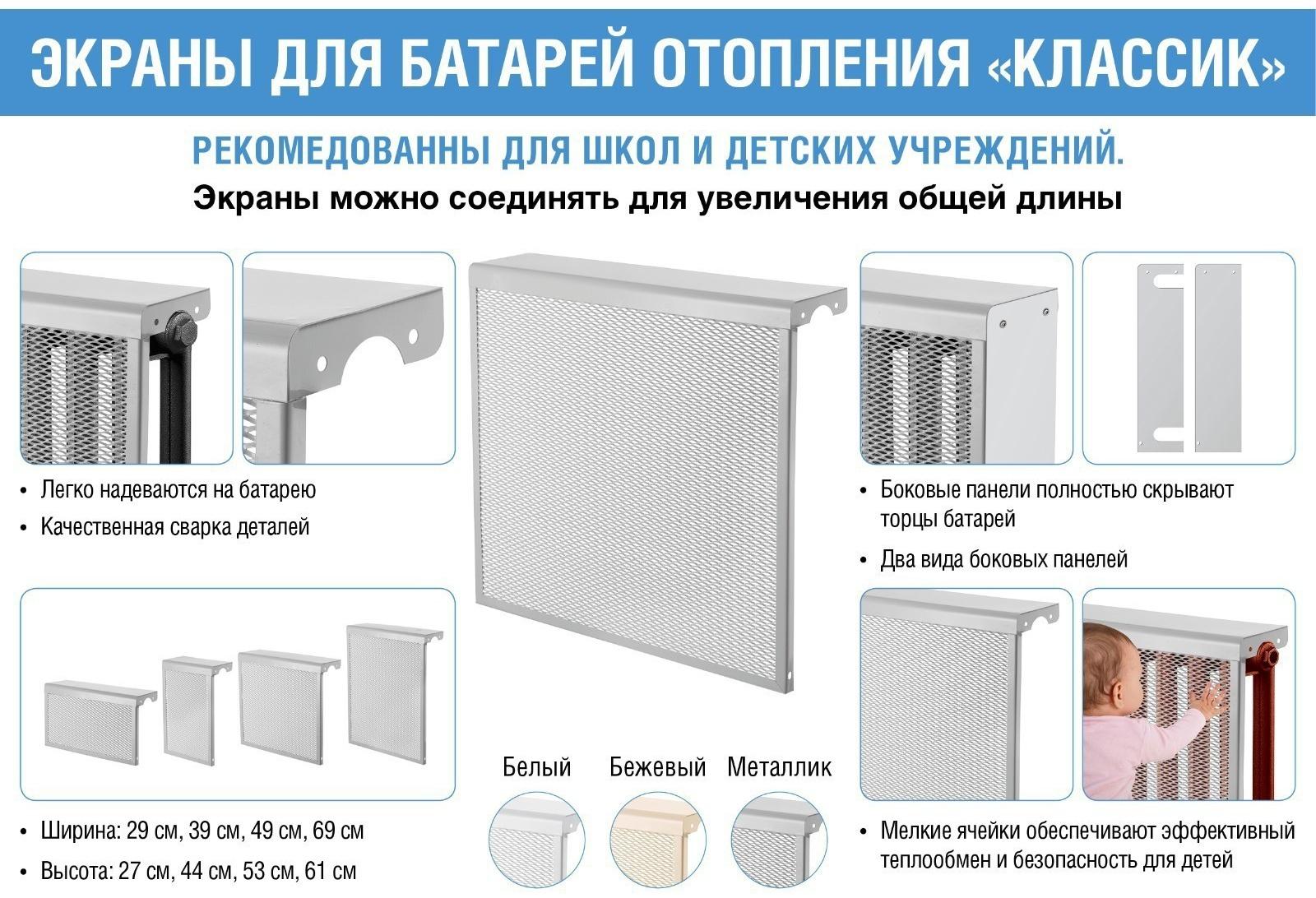 Экран на чугунный радиатор ZEIN, 390х610х150 мм, 4 секции, металлический, белый