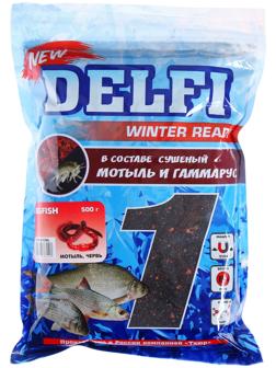 Прикормка зимняя увлажненная DELFI ICE Ready, большая рыба, мотыль/червь, 500 г