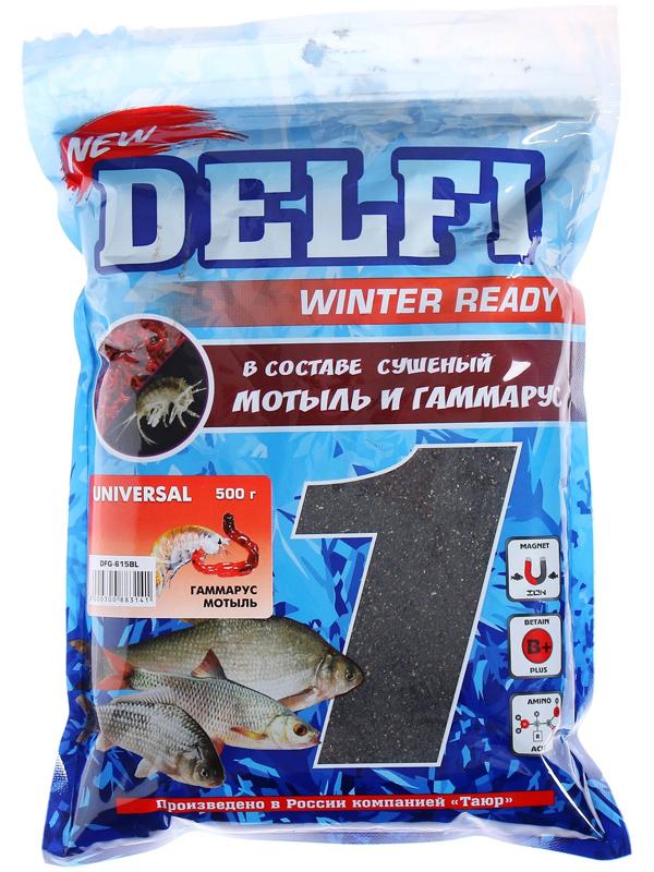 Прикормка зимняя увлажненная DELFI ICE Ready, универсальная, гаммарус/мотыль, 500 г