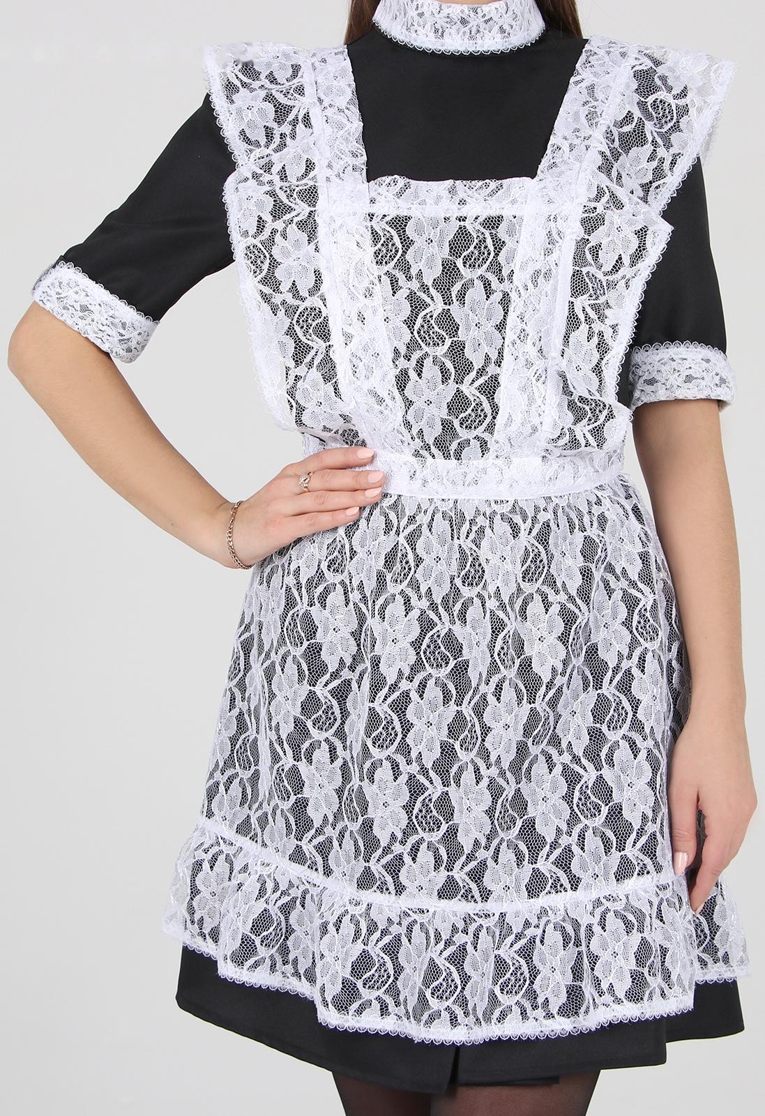 Школьный фартук с воланом по бретелям и низу, гипюр, цветы, р. 42-50, цвет белый