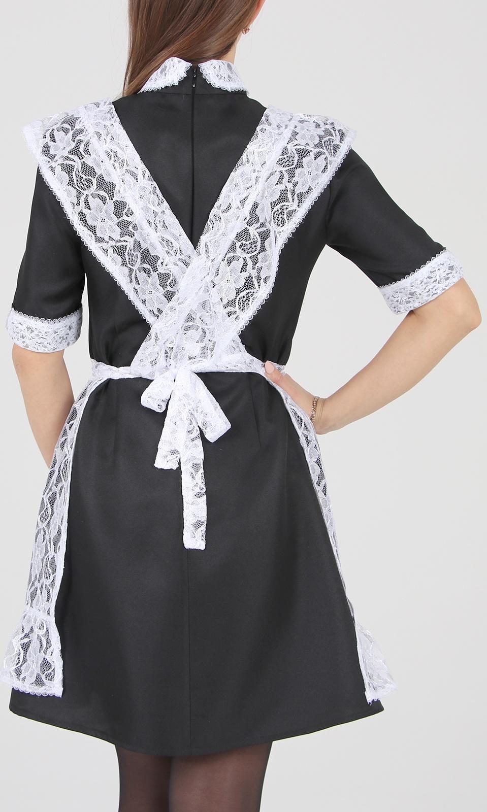 Школьный фартук с воланом по бретелям и низу, гипюр, цветы, р. 42-50, цвет белый