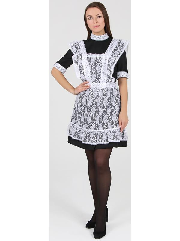 Школьный фартук с воланом по бретелям и низу, гипюр, цветы, р. 42-50, цвет белый