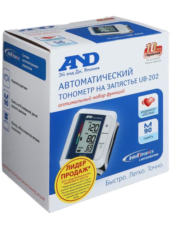 Тонометр на запястье A&D UB-202, автоматический, манжета 13.5-21.5 см, 2хААА
