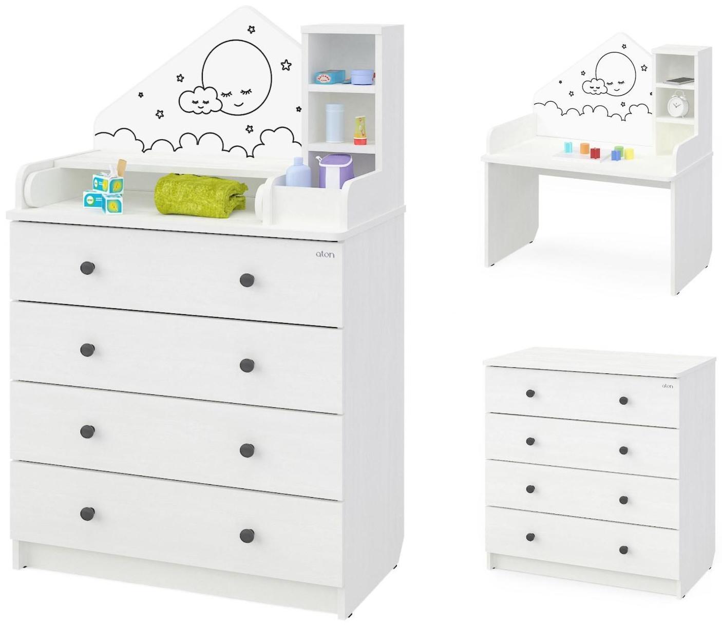 Комод детский с пеленальным столиком серия Сириус Alf 805, белый, 4 ящика