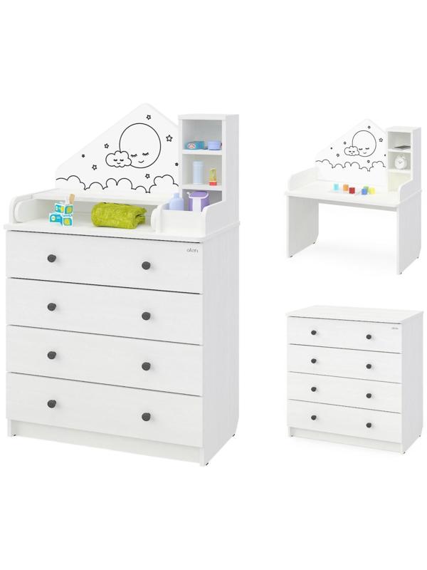 Комод детский с пеленальным столиком серия Сириус Alf 805, белый, 4 ящика