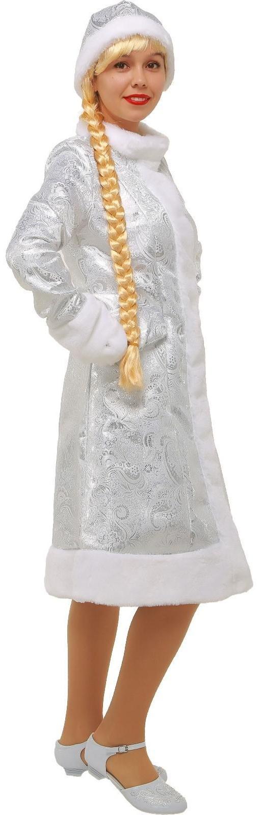 Карнавальный костюм «Снегурочка», шубка из парчи, шапочка, рукавички, цвет серебристый, р. 52