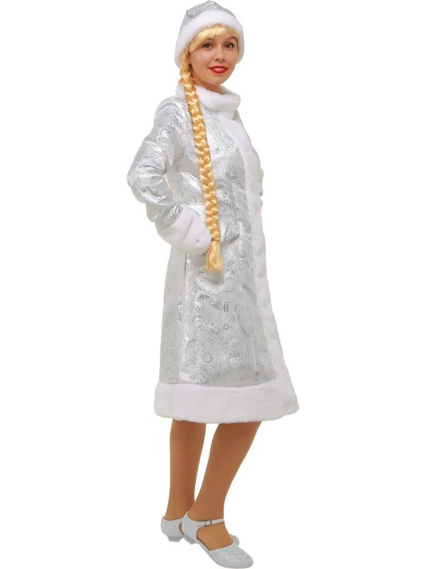 Карнавальный костюм «Снегурочка», шубка из парчи, шапочка, рукавички, цвет серебристый, р. 52