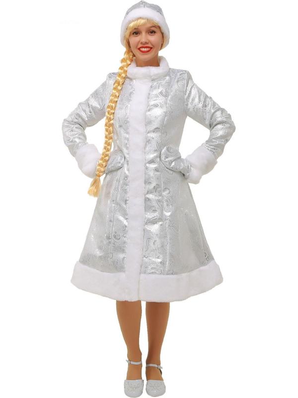 Карнавальный костюм «Снегурочка», шубка из парчи, шапочка, рукавички, цвет серебристый, р. 52
