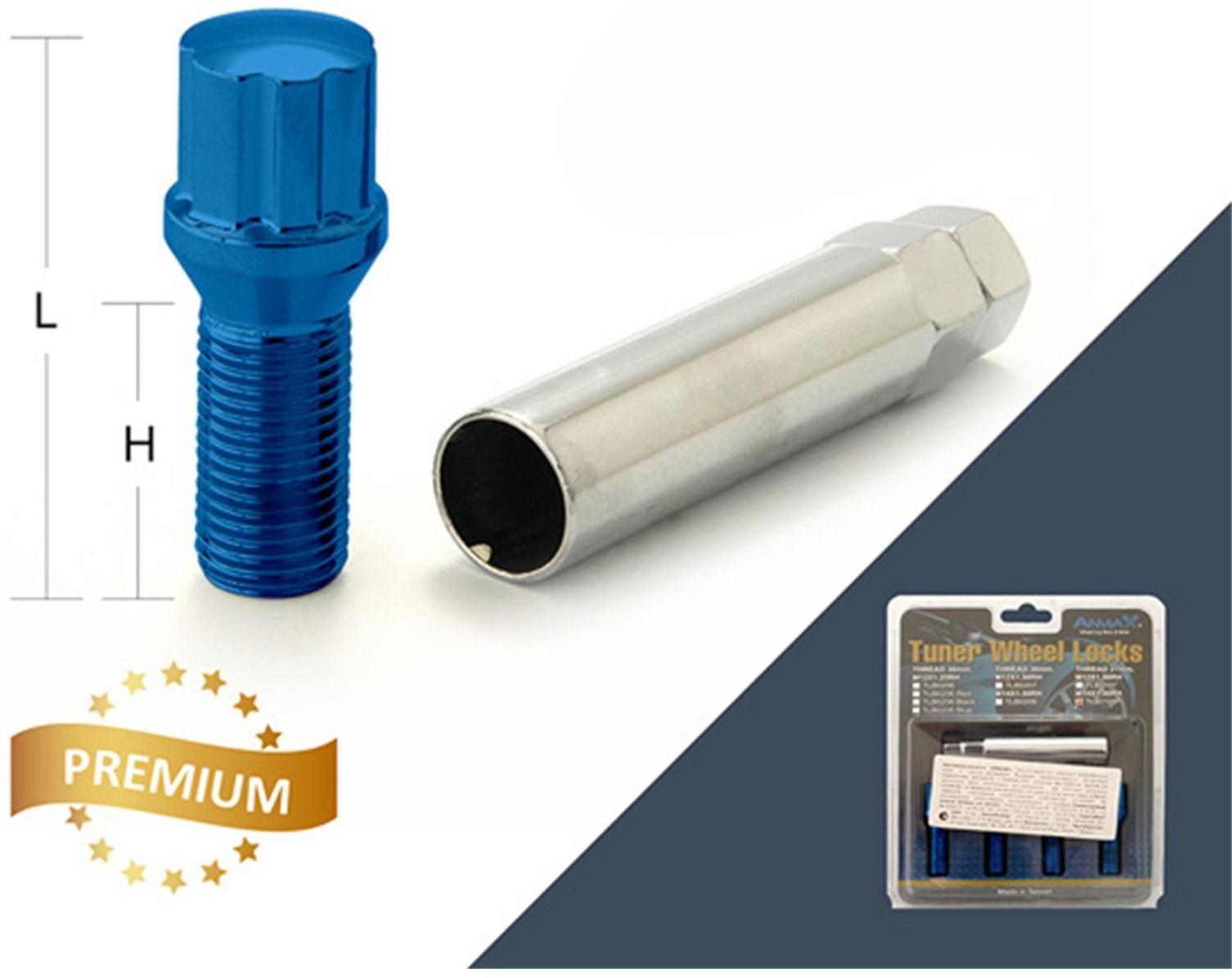 Болт секретный M12x1,25, 55/30, внешний спец, синий, 4 шт +ключ