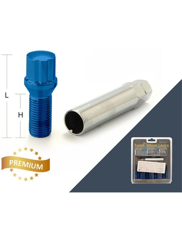 Болт секретный M12x1,25, 55/30, внешний спец, синий, 4 шт +ключ