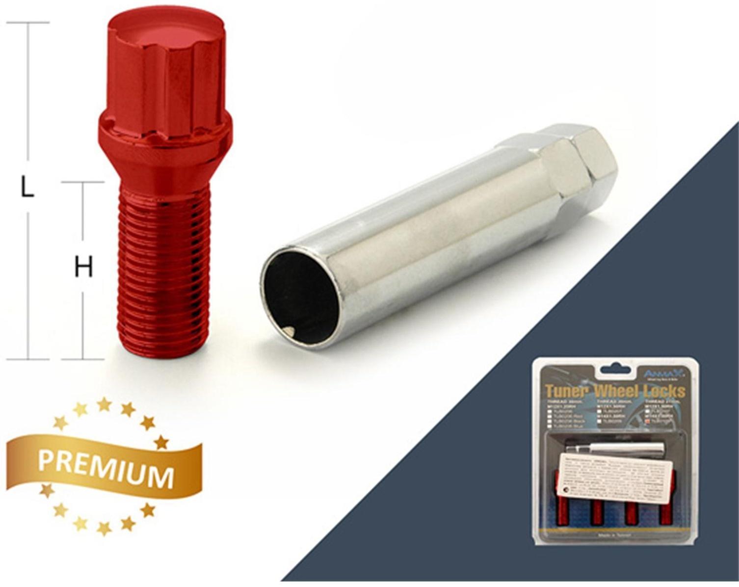 Болт секретный M12x1,25, 55/30, внешний спец, красный, 4 шт +ключ