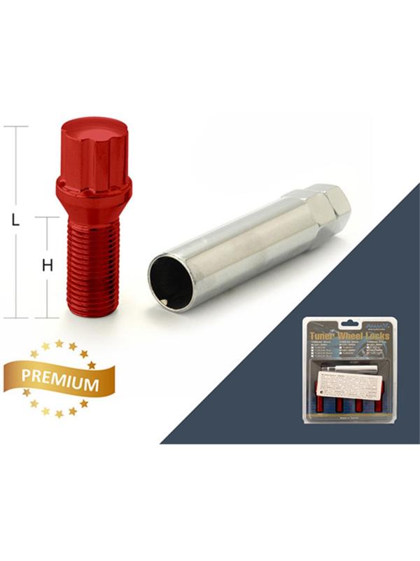 Болт секретный M12x1,25, 55/30, внешний спец, красный, 4 шт +ключ