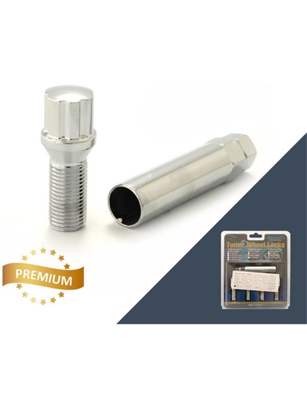 Болт секретный M12x1,5, 55/30, внешний спец, хром, 4 шт +ключ