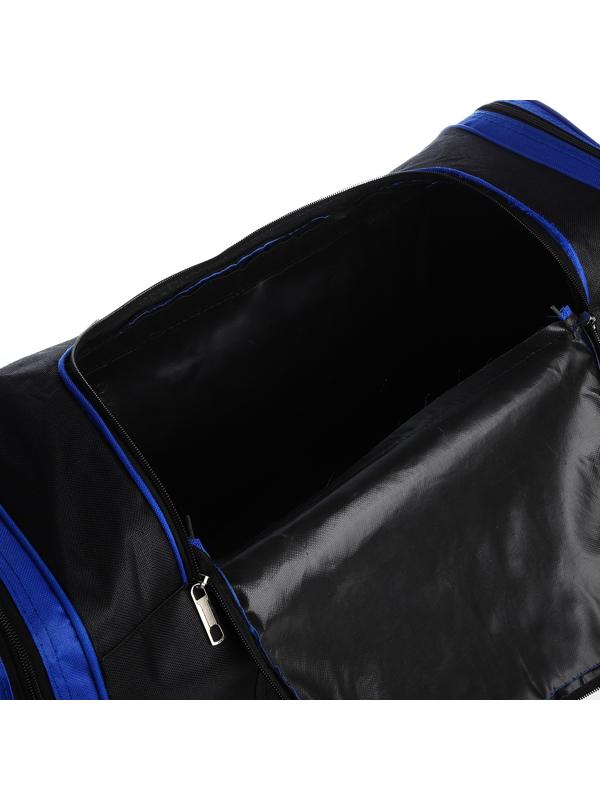 Сумка спортивная, 3 отдела на молниях, наружный карман, длинный ремень, цвет чёрный/синий