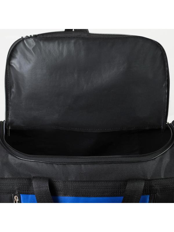 Сумка спортивная, 3 отдела на молниях, наружный карман, длинный ремень, цвет чёрный/синий