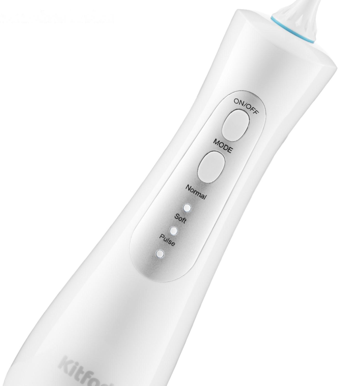 Ирригатор Kitfort КТ-2901, портативный, 5 Вт, 150 мл, 3 режима, 2 насадки, от АКБ, белый
