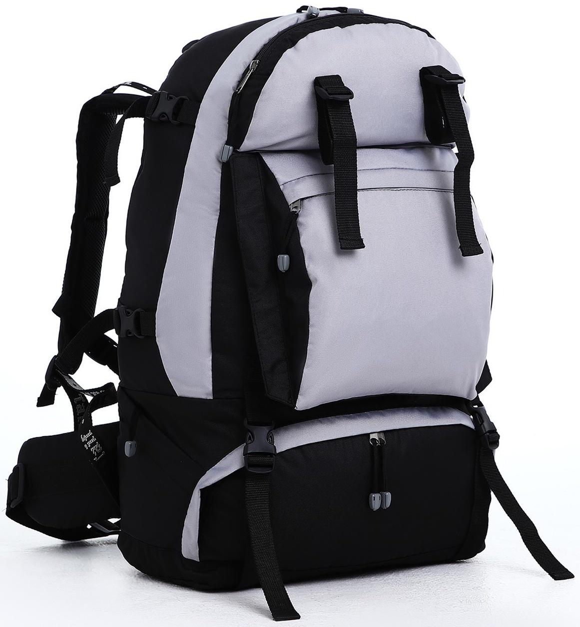 Рюкзак туристический, 65 л, отдел на молнии, 3 наружных кармана, цвет чёрный/зелёный/серый