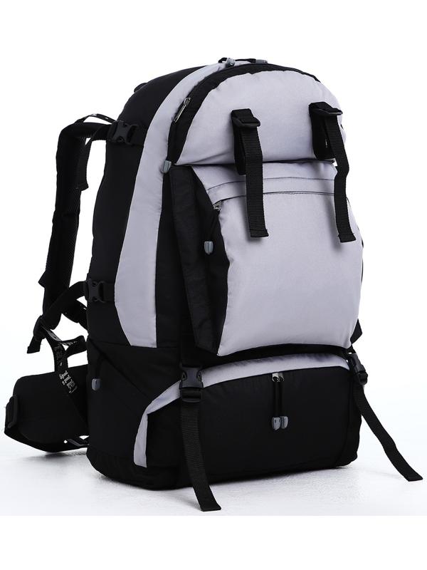 Рюкзак туристический, 65 л, отдел на молнии, 3 наружных кармана, цвет чёрный/зелёный/серый