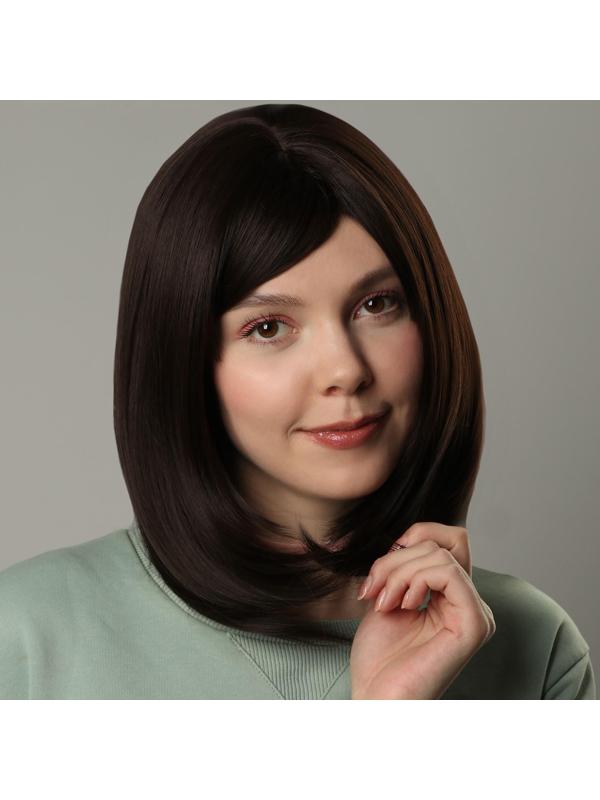 Парик искусственный, с чёлкой, имитация кожи, 30 см, цвет каштановый