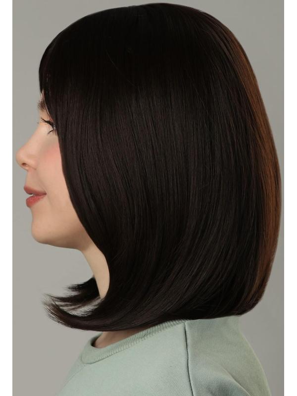 Парик искусственный, с чёлкой, имитация кожи, 30 см, цвет каштановый