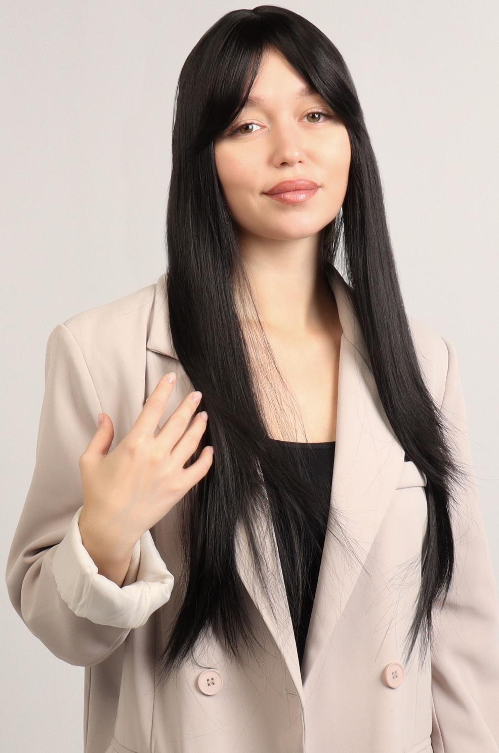 Парик искусственный, с чёлкой, имитация кожи, 60 см, цвет чёрный