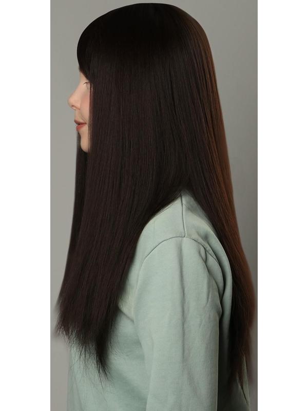 Парик искусственный, с чёлкой, имитация кожи, 60 см, цвет каштановый